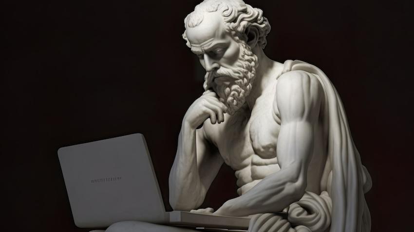 Statue looking at computer