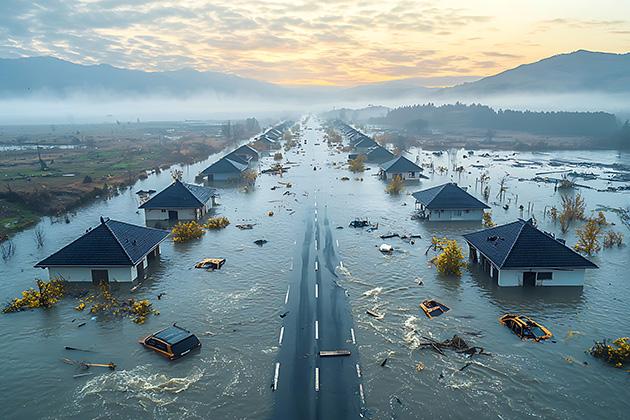 Photo of flooded houses.